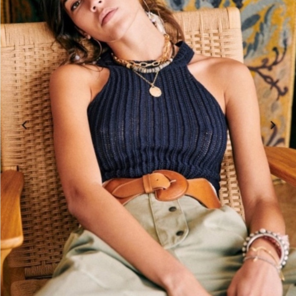 Sezane Jessica Knit Top Halter Cross Back Top Cotton Blend In Navy Size M NWOT - Picture 4 of 10